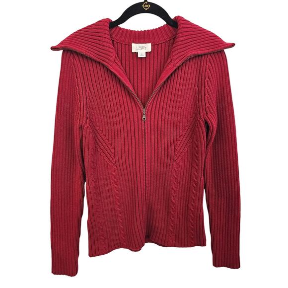 Ann Taylor LOFT Red Fold Over Collar Ribbed Zip Sweater Size M - Picture 1 of 4